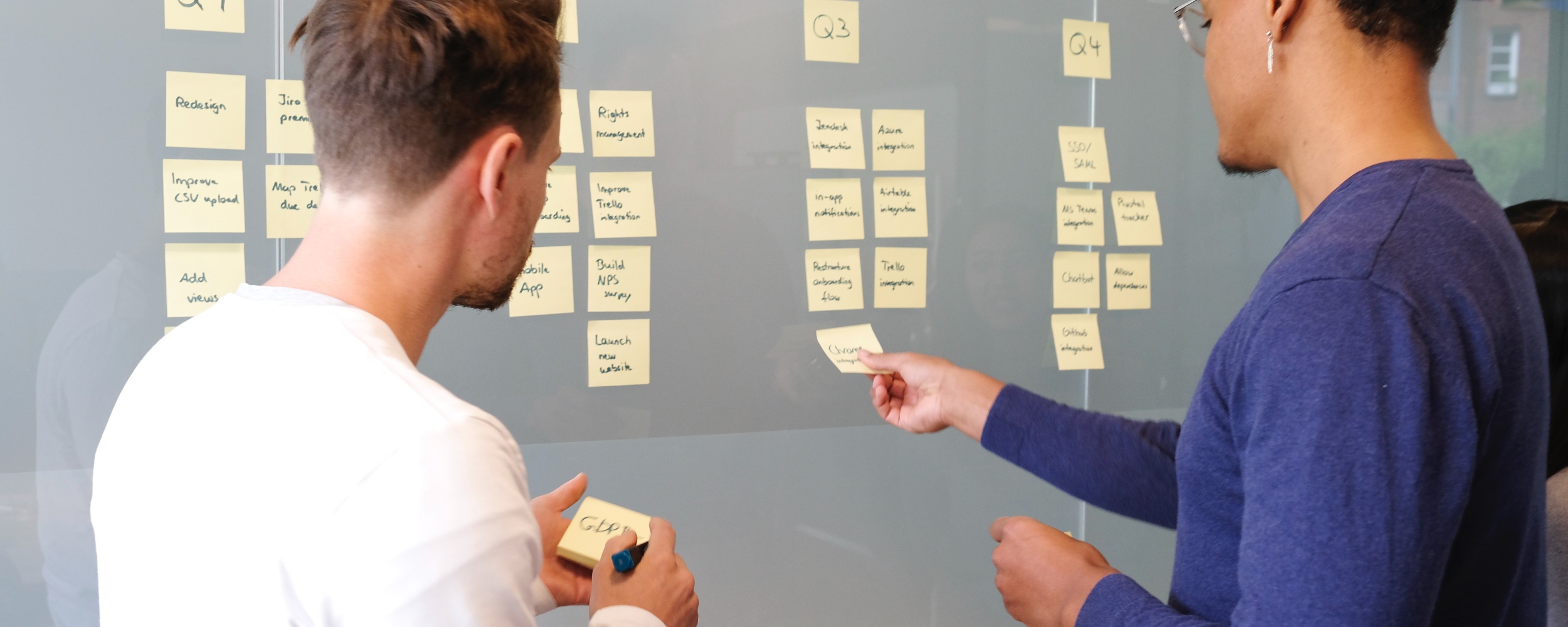 Two people putting post-it notes into sections on an office wall.